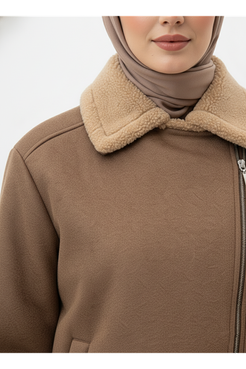 Kruvaze Metal  Fermuarlı Ceket-Bej