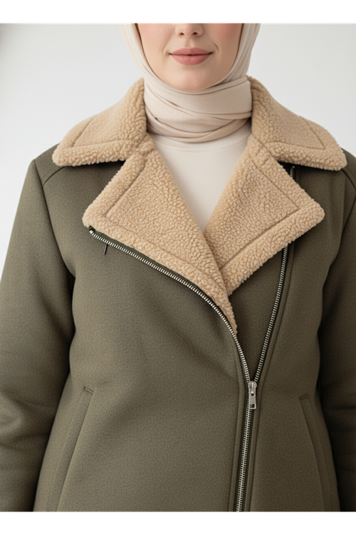 Kruvaze Metal  Fermuarlı Ceket-Haki