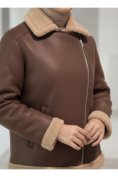 Kruvaze Metal  Fermuarlı Ceket-Kahve