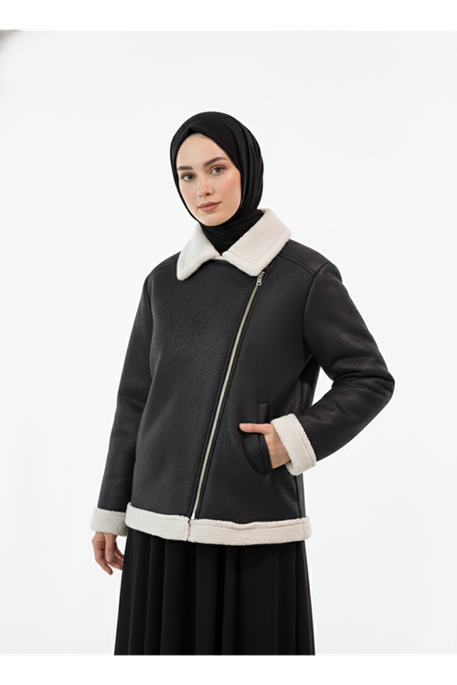 Kruvaze Metal  Fermuarlı Ceket-Siyah