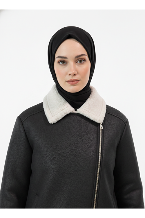 Kruvaze Metal  Fermuarlı Ceket-Siyah