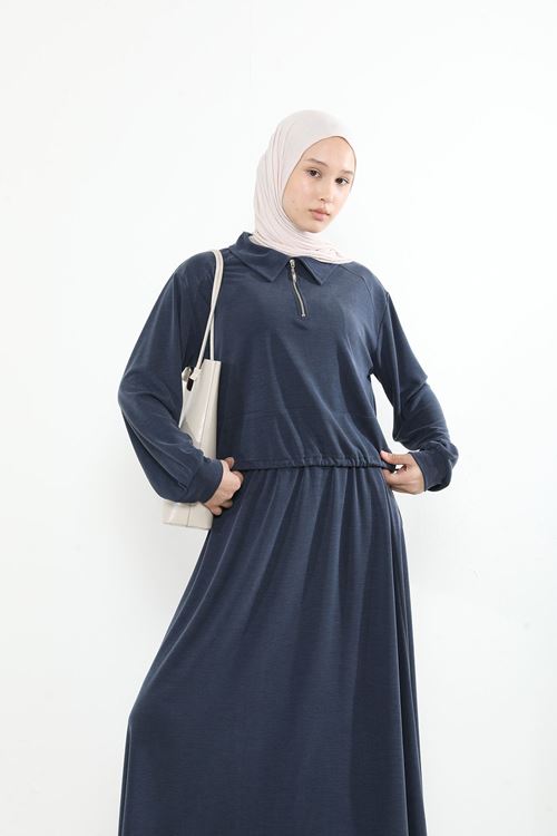Yakalı Fermuar Detay Etekli Takım-Lacivert