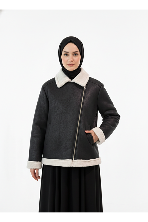 Kruvaze Metal  Fermuarlı Ceket-Siyah