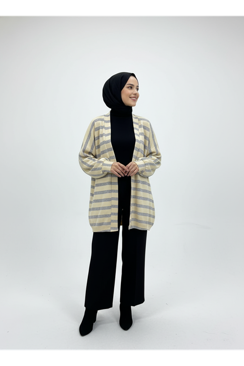 Triko Efektli Sim Detaylı Hırka-Bej