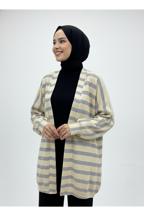 Triko Efektli Sim Detaylı Hırka-Bej