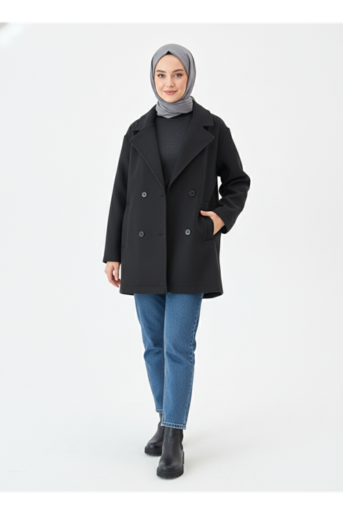 Kruvaze Kaşe Kaban-Siyah