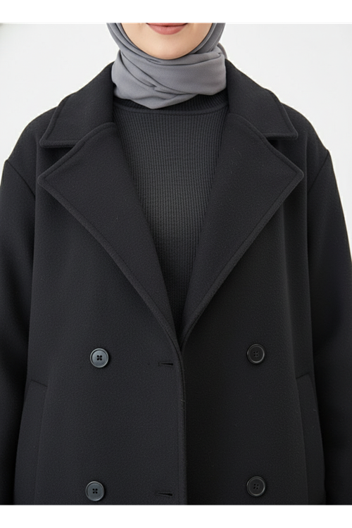 Kruvaze Kaşe Kaban-Siyah