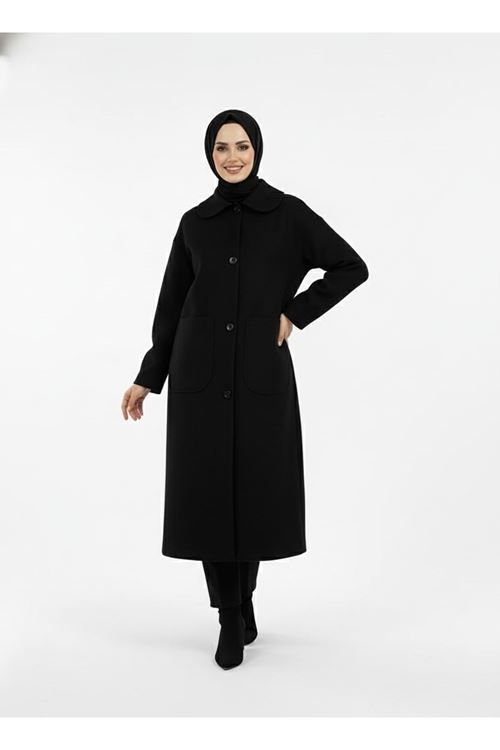 Üstten Çift Cepli Kaşe Kaban-Siyah
