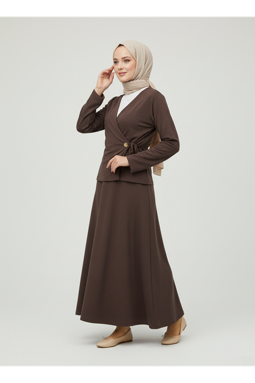Yan Bağlamalı Etekli Takım-Kahve
