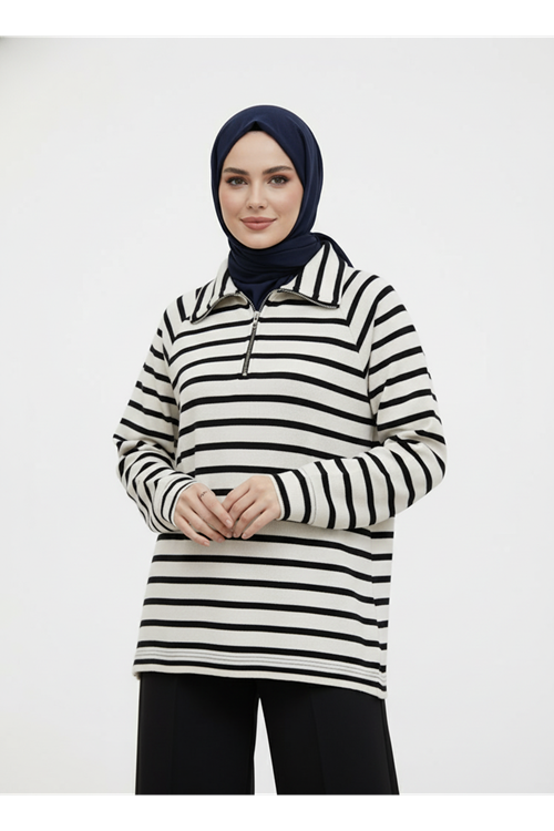 Metal Fermuarlı Oversize Tunik-Ekru