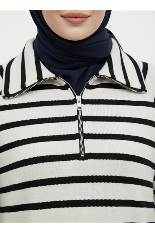 Metal Fermuarlı Oversize Tunik-Ekru