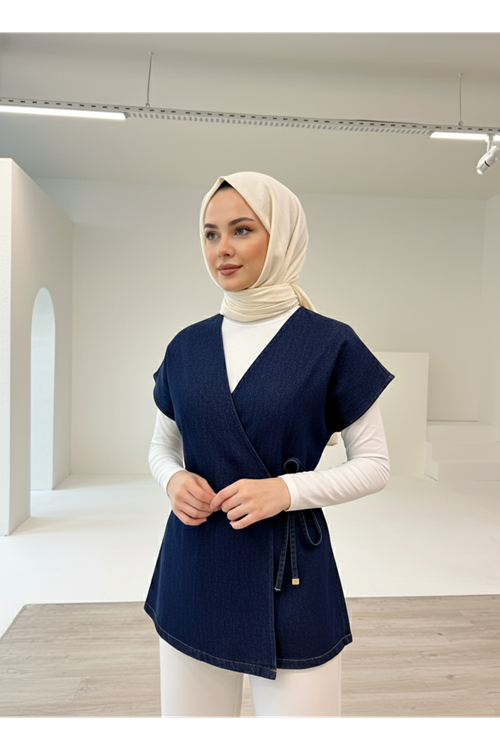 Ön Bağlamalı Düğme Detay Kot Yelek-Kot Rengi