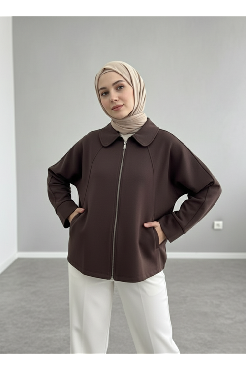 Fermuarlı Cepli Panço-Kahve