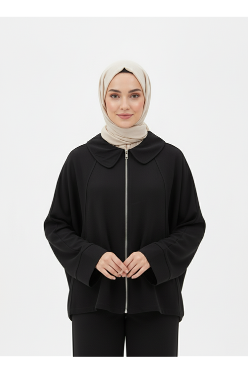 Fermuarlı Cepli Panço-Siyah