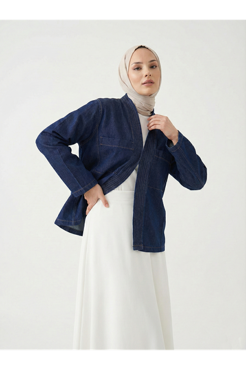 Cep Detaylı Sıra Dikişli Kot Ceket-Kot Rengi