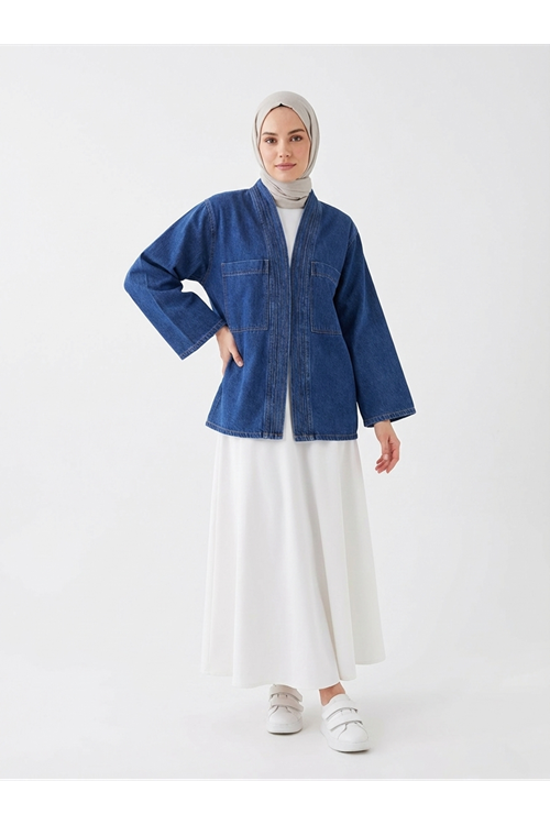 Cep Detaylı Sıra Dikişli Kot Ceket-Lacivert