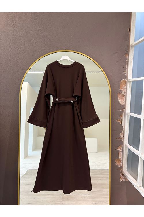Bel Bağlamalı Elbise-Kahve