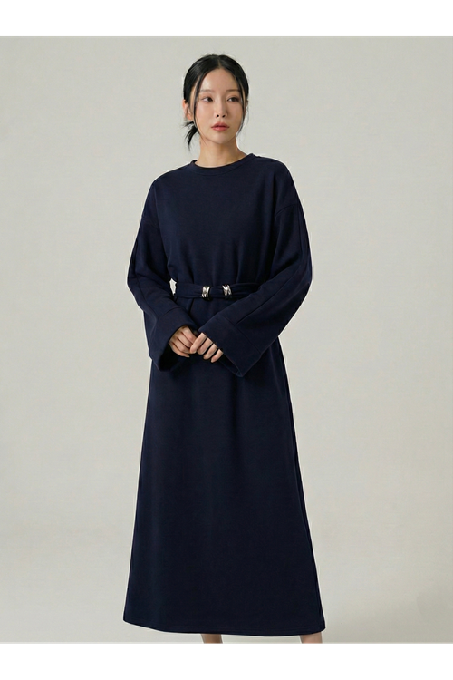 Bel Bağlamalı Elbise-Lacivert