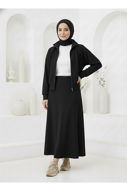 Fermuar Detay Etekli Takım-Siyah
