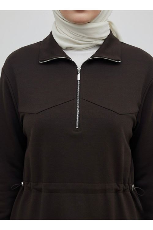 Beli Stoper Tünelli Elbise-Kahve