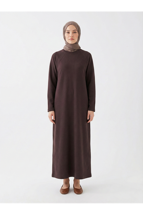 Ön Contalı Reglan Kol Elbise-Kahve