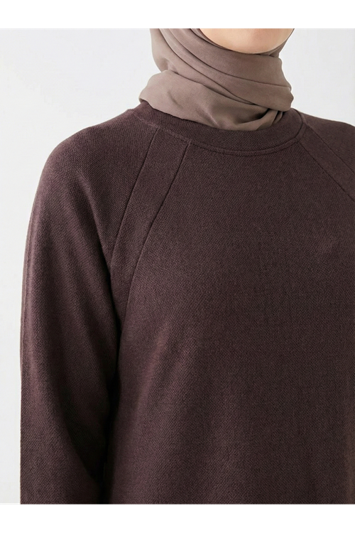 Ön Contalı Reglan Kol Elbise-Kahve