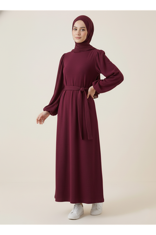 Balon Kol Örme Triko Elbise-Bordo