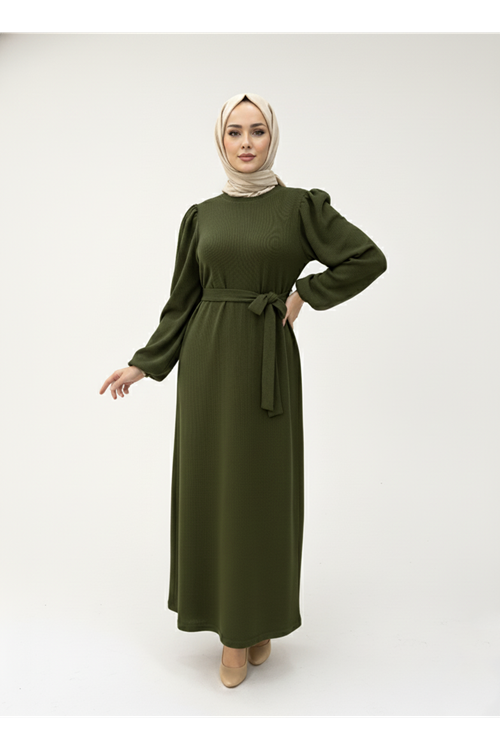 Balon Kol Örme Triko Elbise-Haki