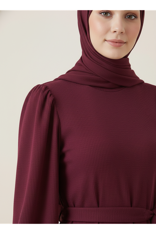 Balon Kol Örme Triko Elbise-Bordo