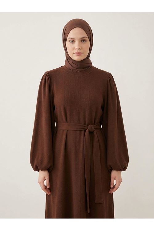 Balon Kol Örme Triko Elbise-Kahve