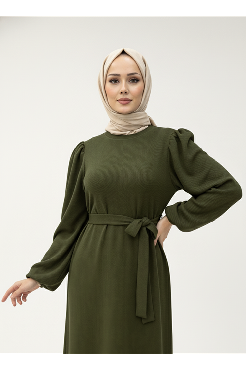 Balon Kol Örme Triko Elbise-Haki