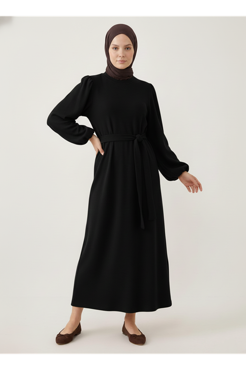 Balon Kol Örme Triko Elbise-Siyah