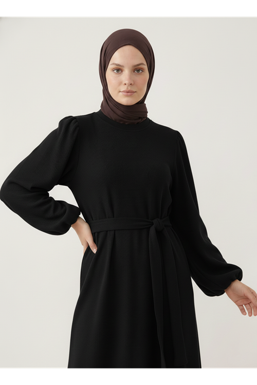 Balon Kol Örme Triko Elbise-Siyah