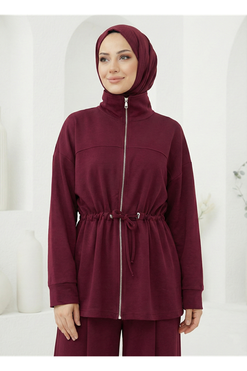 Beli Tünelli Pantolonlu Takım-Bordo