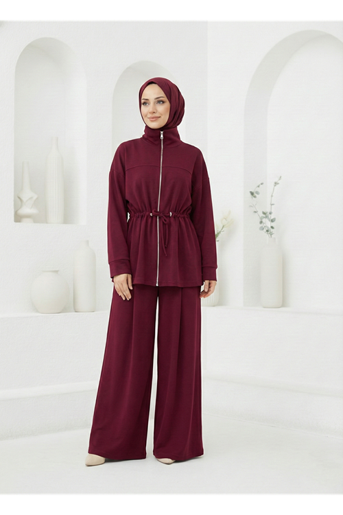 Beli Tünelli Pantolonlu Takım-Bordo