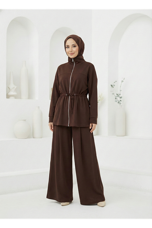 Beli Tünelli Pantolonlu Takım-Kahve