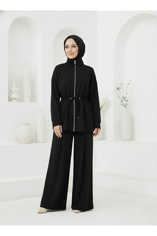 Beli Tünelli Pantolonlu Takım-Siyah