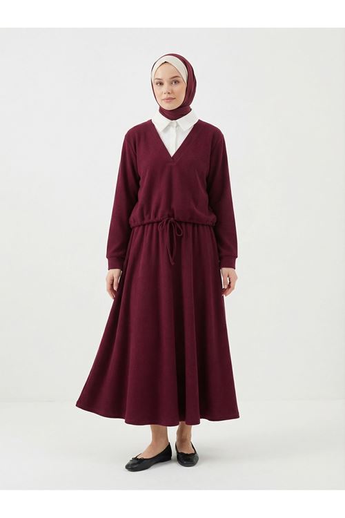 Beyaz Yaka Detaylı Örme Triko Takım-Bordo