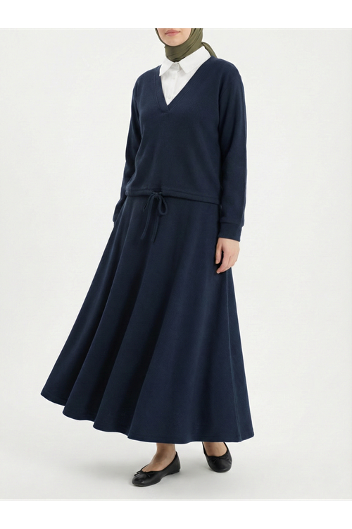 Beyaz Yaka Detaylı Örme Triko Takım-Lacivert