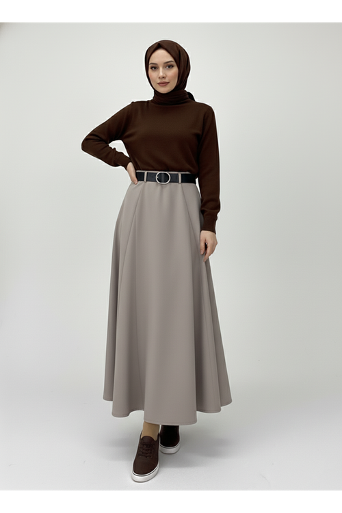 Kelebek Detaylı Etek-Vizon