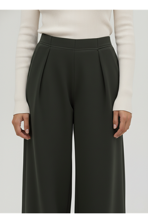 Pileli Bol  Pantolon-Haki