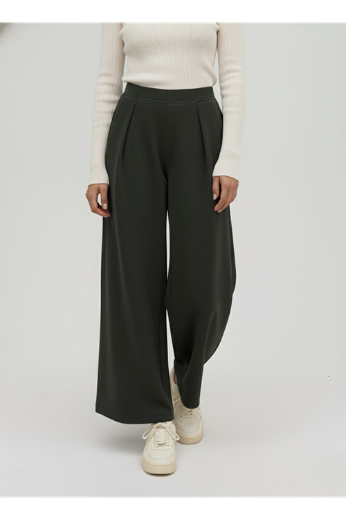 Pileli Bol  Pantolon-Haki