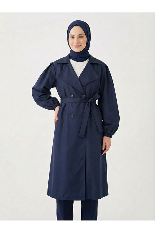 Düğmeli Kruveze Uzun Trenç-Lacivert