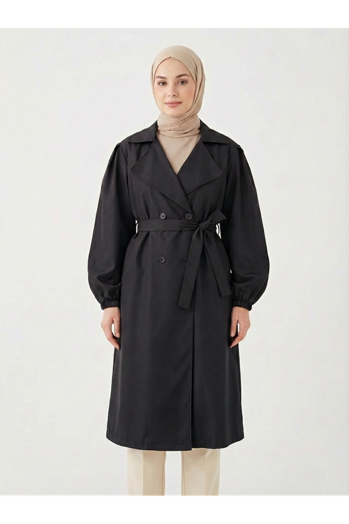 Düğmeli Kruveze Uzun Trenç-Siyah