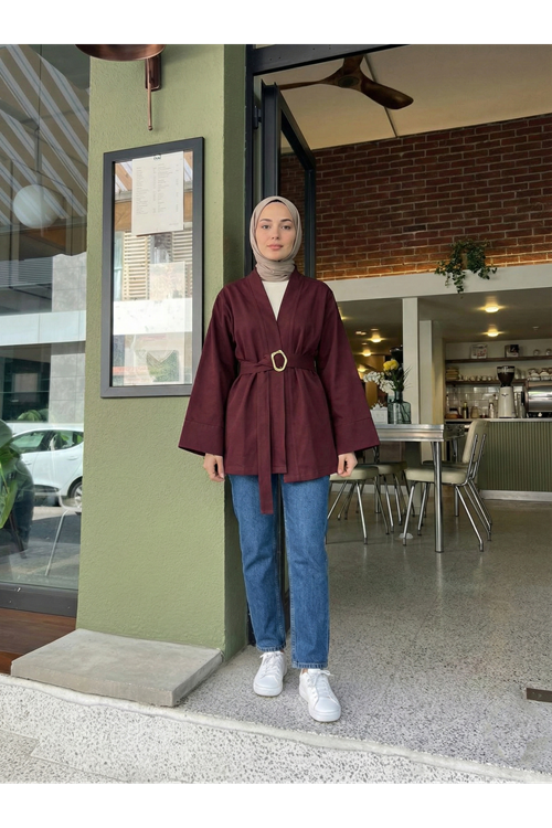 Geniş Manşet Kuşak Detay Ceket-Bordo