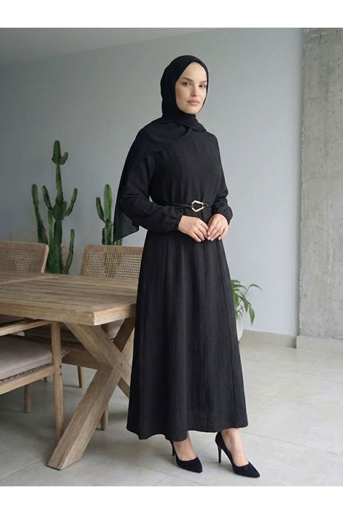 Parçalı Toka Detay Elbise-Siyah