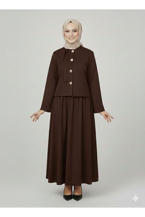 Düğme Detay Etekli Takım-Kahve