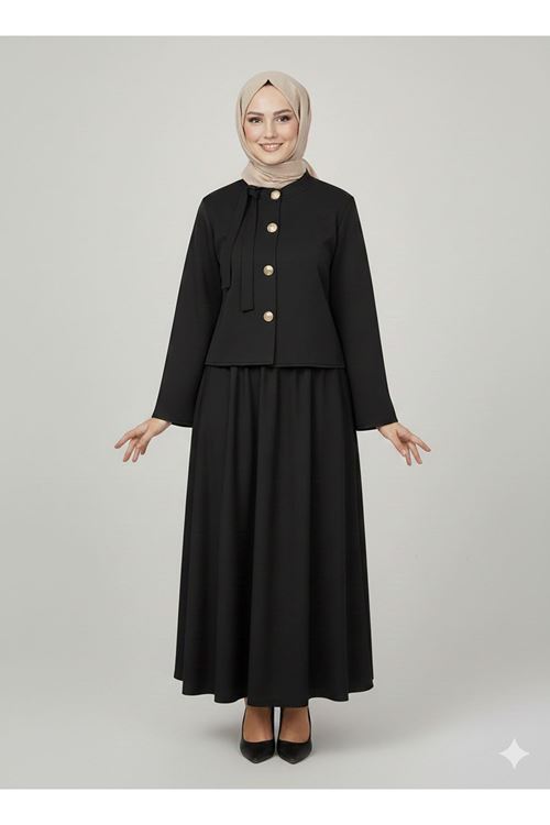 Düğme Detay Etekli Takım-Siyah