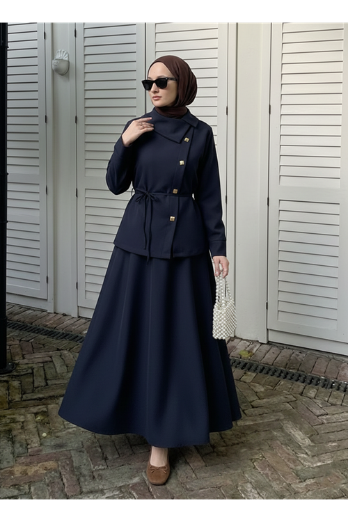 Çapraz Düğmeli Etekli Takım-Lacivert