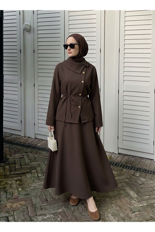 Çapraz Düğmeli Etekli Takım-Kahve